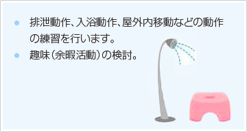 排泄動作、入浴動作、屋外内移動などの動作の練習を行います。　趣味（余暇活動）の検討。